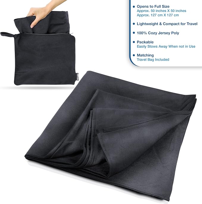 Super Soft Jersey Airplane Travel Blanket for Your Flight, Car, Camping, Home or Comforting Warmth Anywhere! Large in Size at 50"x 50" and Includes a Bag! - Black - Image 2