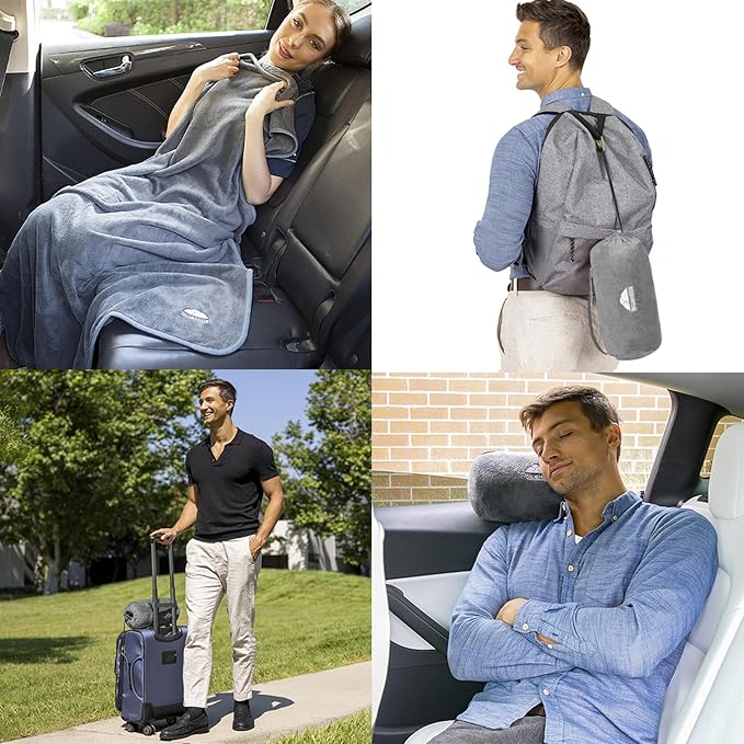 BlueHills Premium Soft Rolled Travel Blanket Airplane Plush Throw - Gray | 70X48 Large Plane Pillow/Blanket, Luggage Strap, Soft Case, Must Have Airplane Essential, Long Flights, Portable, Lightweight - Image 3