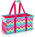 Extra Large Utility Tote Bag - Oversized Collapsible Reusable Wire Frame Rectangular Canvas Basket With Two Exterior Pockets For Beach, Pool, Laundry, Car Trunk, Storage - Chevron Multi by Lucazzi