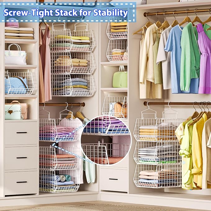 6 Tier Extended Depth Hanging Closet Organizer, Closet Storage Hanging Shelves with Hanging Hooks for Clothes Sweaters Towels Handbags, Stackable Metal Mesh Bins For Closet, Laundry, Bathroom, Dorm - Image 8