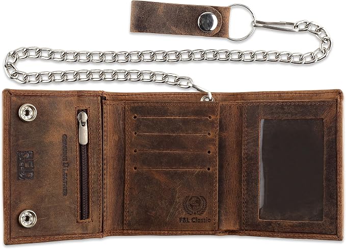 F&L CLASSIC RFID Blocking Men's Tri-fold Vintage Biker Cowhide Leather Steel Chain Wallet,Snap closure, USA,Vintage buffalo brown,315 by FLCLASSIC