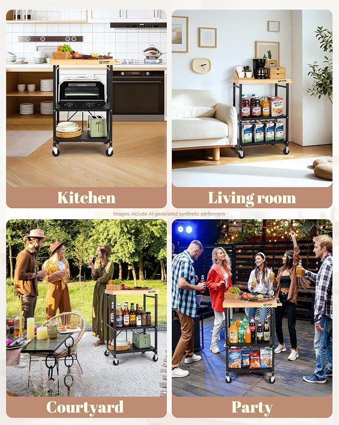 Foldable Kitchen Storage Cart, Solid Oak Top, Locking Wheels | Foldable 3-tier kitchen cart with solid oak top, metal frame and lockable wheels for a microwave, toaster oven and meal prep. - Image 6