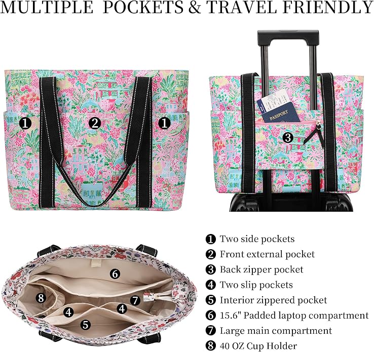 Tote Bag for Women with Laptop Compartment & Cup Holder,Nylon Bag for Work,Travel,Gym,Beach,Teacher,Nurse,School,Mom - Image 4