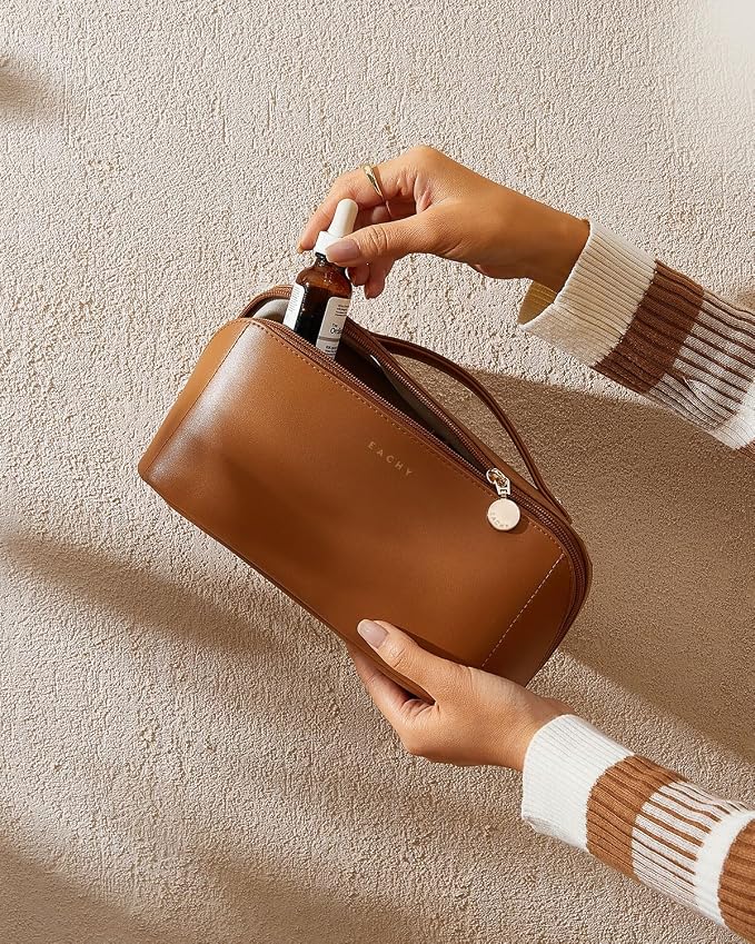 EACHY Travel Makeup Bag for Women, PU Leather Cosmetic Bag, Brown, Medium | Water-resistant PU leather exterior with flat-open access, clear TPU brush compartment and organized storage for cosmetics - Image 8
