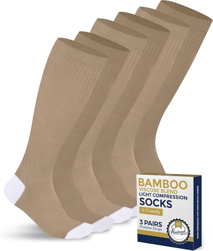 Pembrook® Bamboo Viscose Light Compression Socks - 3 Pairs | 8-15 mmhg Compression Socks | Knee High Comfort Support Socks by Pembrook