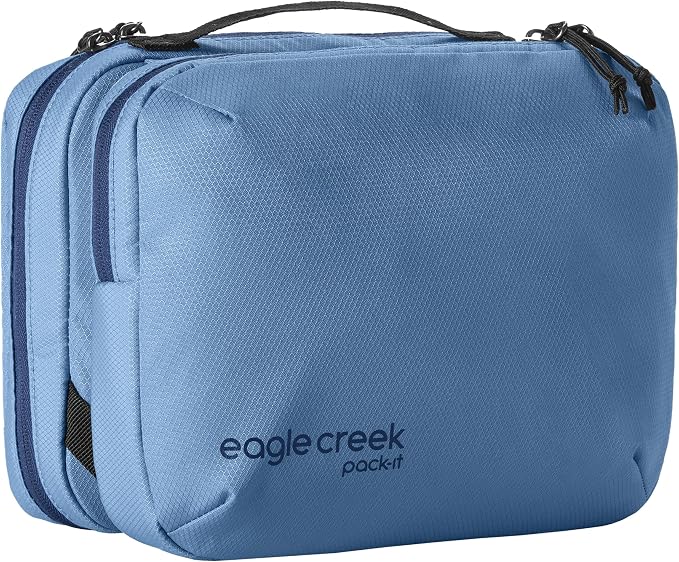 Eagle Creek Pack-It Trifold Toiletry Kit, Blue Dawn | Dopp Kit Toiletry Organizer with Padded Interior, Durable Hanging Hook and Large Compartments, Water-Resistant and Washable by EagleCreek