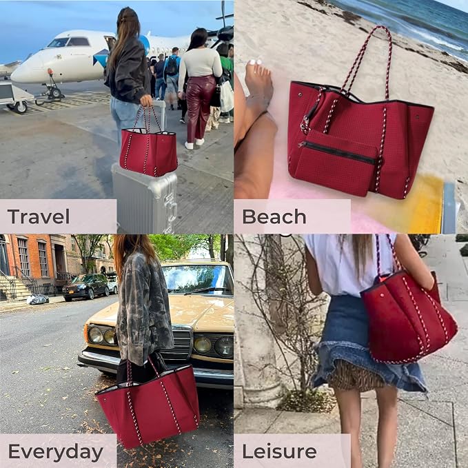 POPUPS Large Neoprene Tote Bag for Women - Everyday Designer Handbag for Travel Work and Beach with Pockets and Zipper Pouch - Image 2