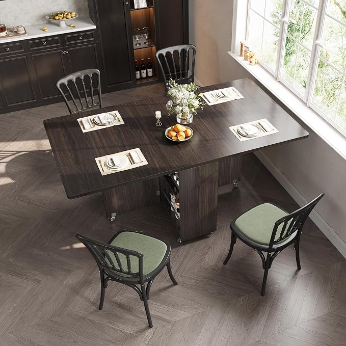 Jocoevol Space Saving Folding Dining Table for 4, Foldable Dining Table with Drawer and Storage Shelf, 6 Wheels Drop Leaf Kitchen Dining Room Table for Small Space (Walnut, 47.2" x 23.6" x 29.9") - Image 3