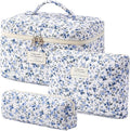 HBselect Quilted Makeup Bag, 3Pcs Cotton Large Travel Makeup Bags Organizer | Cute Floral Make up Bag Cosmetic Bag Toiletry Bag for Women Girls, Makeup Pouch for Skincare, Brushes & Travel Essentials by HBselect