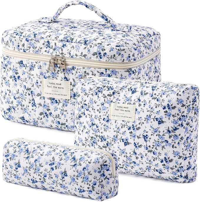 HBselect Quilted Makeup Bag, 3Pcs Cotton Large Travel Makeup Bags Organizer | Cute Floral Make up Bag Cosmetic Bag Toiletry Bag for Women Girls, Makeup Pouch for Skincare, Brushes & Travel Essentials by HBselect
