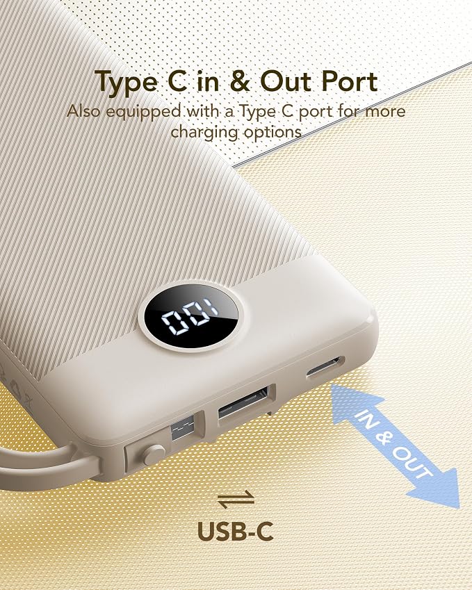 VRURC Portable Charger Power Bank,10000mAh Travel Essentials Battery Pack | Built-in 4 Cables, 5 Outputs 2 Inputs Slim USB C Charging Bank for All Cell Phones -Light Coffee(1 Pack) - Image 5