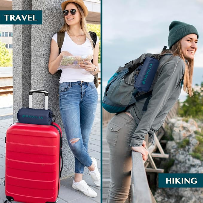 PAVILIA Travel Blanket Airplane Compact with Bag Lightweight, Navy Blue | Soft Fleece Plane Long Flights, Camping Road Trips, Packable Traveler Gift Essentials with Luggage Backpack Strap, 65x40 - Image 5