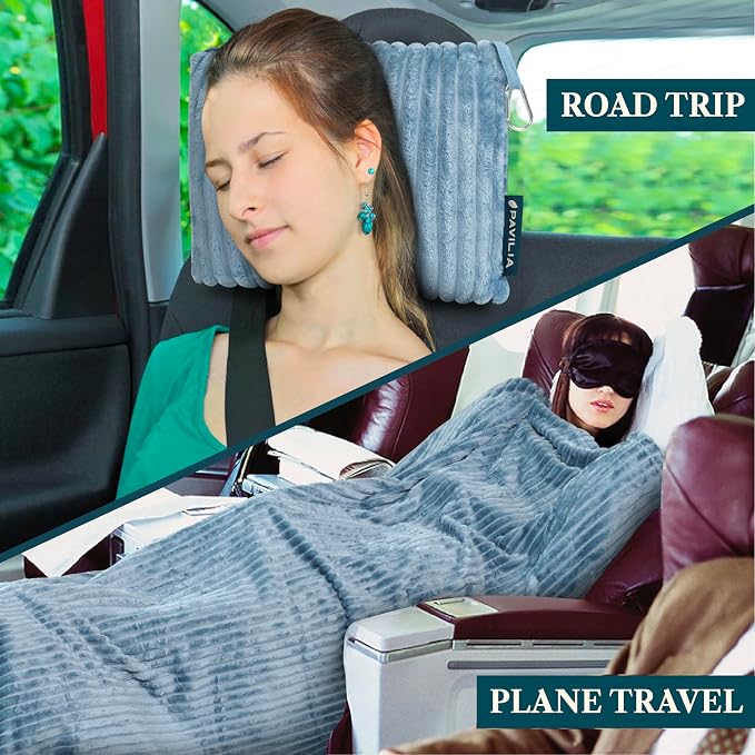 PAVILIA Travel Blanket Pillow, Soft Ribbed Fleece Airplane Blanket, Blue | 65x40, Compact Packable Plane Throw with Bag, Luggage Strap and Back Pocket, Cozy Flight Essentials Travelers Camping Gift - Image 6