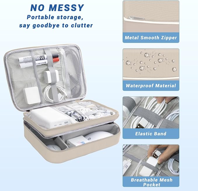 Electronics Organizer,Travel Cord Organizer Pouch,Cable Organizer Bags | Waterproof Electronic Accessories Storage Case for Cables, Cords, Charger, Phone (Three Layer-Beige) - Image 2