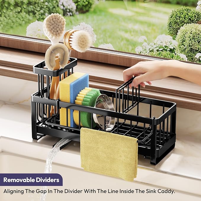 SWTYMIKI Sponge Holder for Kitchen Sink - Sink Caddy with Brush Holder Self-draining Sponge Caddy Organizer with Divider Stainless Steel Kitchen Accessories Storage for Countertop, Black - Image 4