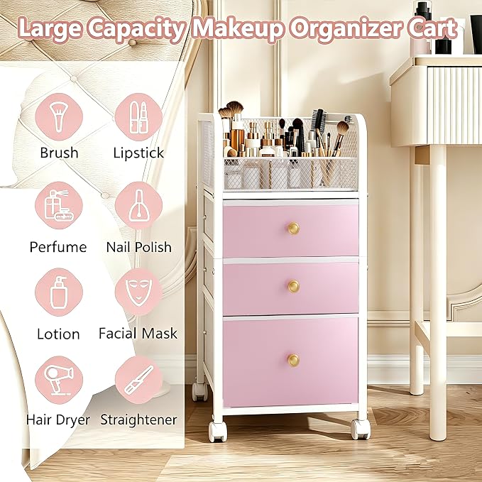 Rolling Makeup Vanity Cart Makeup Organizer with Drawers for Girls | Vanity Cart Bathroom Storage Cart Cosmetic Vanity Display Cases Holder for Nail Polish Brush Hair Tool - Image 4