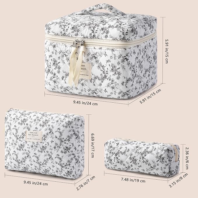 HBselect Quilted Makeup Bag, 3Pcs Cotton Large Travel Makeup Bags Organizer | Cute Floral Make up Bag Cosmetic Bag Toiletry Bag for Women Girls, Makeup Pouch for Skincare, Brushes & Travel Essentials - Image 5