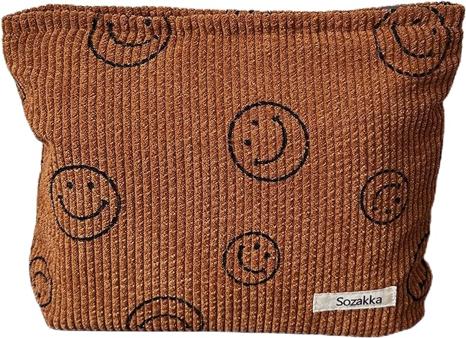 Cosmetic Bags for Women - Corduroy Cosmetic Bag Aesthetic Women Handbags Purses Smile Dots Makeup Organizer Storage Makeup Bag Girls Case Bags (A-Brown) by Gardsell