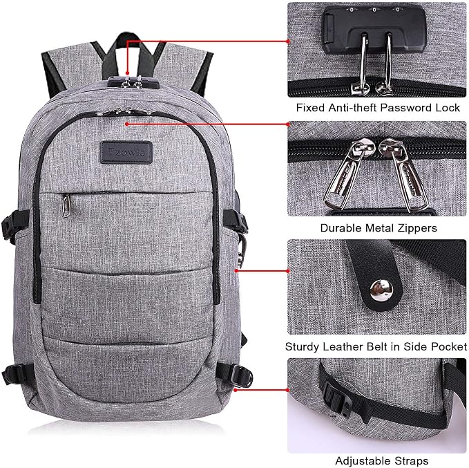 Tzowla Travel Laptop Backpack Water Resistant Anti-Theft Bag with Giant Tumbler Holder Pocket and Lock 17.3 Inch Computer Business Backpacks for Women Men Work College Gift,Casual Daypack(Grey) - Image 4