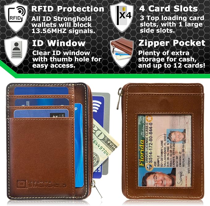 ID Stronghold RFID Blocking Front Pocket Wallet – Slim Minimalist Genuine Leather Wallet with Zipper Coin Pocket (Antiqued Brown) - Image 2