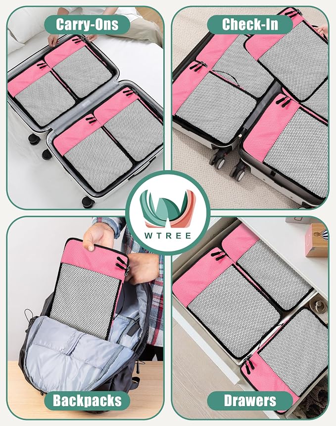 WTREE 4-Piece Packing Cubes Travel Accessories Set for Suitcases - Luggage Organizer Bags with Double Zipper - Mesh Top - Small - Pink - Image 7