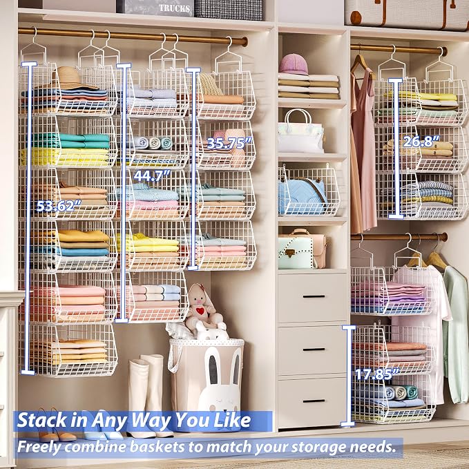 6 Tier Extended Depth Hanging Closet Organizer, Closet Storage Hanging Shelves with Hanging Hooks for Clothes Sweaters Towels Handbags, Stackable Metal Mesh Bins For Closet, Laundry, Bathroom, Dorm - Image 6