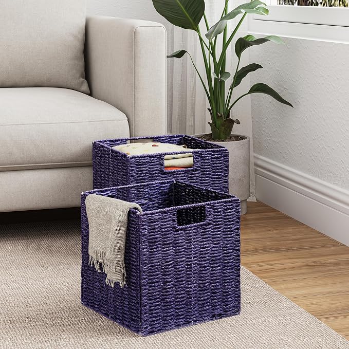 Wicker Storage Basket, Set of 2 Hand-Woven Paper Rope Wicker Basket, Foldable Cube Storage Bins, Square Large Storage Baskets for Organizing Shelves, Decor, Orange (13″×13″×13″) - Image 9