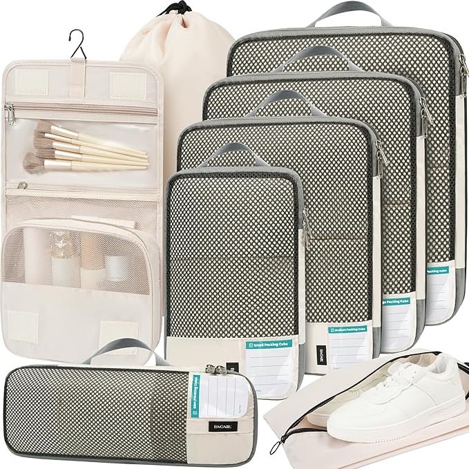 BAGAIL 4 Set/6 Set/8 Set Compression Packing Cubes Travel Accessories Expandable Packing Organizers (Half Mesh, 8-Beige) by BAGAIL