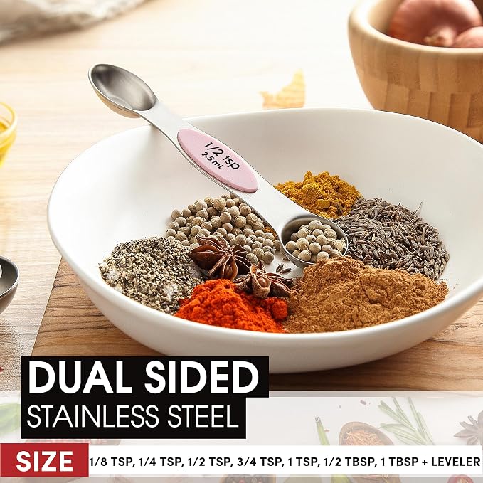 Spring Chef Stainless Steel 8 Magnetic Measuring Spoons Set, Pink Lemonade | Dual Sided Metal Teaspoon & Tablespoon Measuring Spoons with Leveler for Dry & Liquid Ingredients, Fits in Kitchen Spice Jars - Image 5