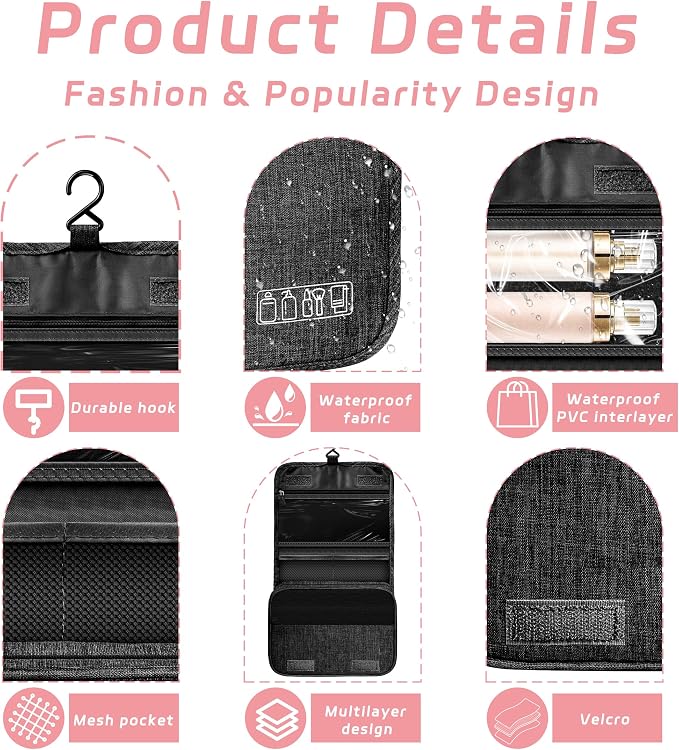 Toiletry Bag Travel Bag with Hanging Hook for Women and Men,Black | Waterproof Small Capacity Hanging Multifunctional Makeup Bag for Toiletries, Portable Cosmetic Bag Travel Organizer - Image 3