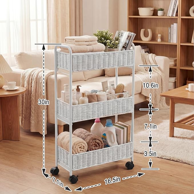 Utility Slim Storage Cart,3-Tier Rolling Kitchen Office Laundry Room Cart,Mobile Shelving Unit Organizer for Living Room Bathroom Baby Diaper Narrow Places (White, UC-White-7.1inch) - Image 3