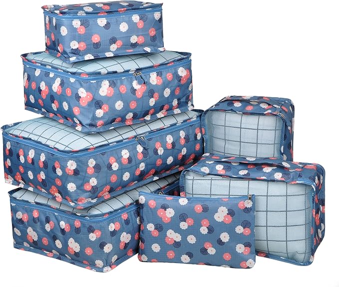 Vercord 7 Set Travel Packing Organizers Cubes Luggage Suitcase Organizer Bags Clothes Underwear Cube Shoe Pouch Pack Blue Flower by Vercord