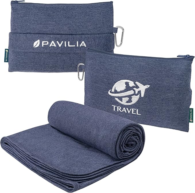 PAVILIA Travel Blanket Compact, Airplane Packable Bag, Soft Fleece Portable Throw Pillow Combo Set, Plane Flight Car Trips Essentials Gift Accessories, Luggage Backpack Clip, Navy Blue, 65 x 40 inch by PAVILIA
