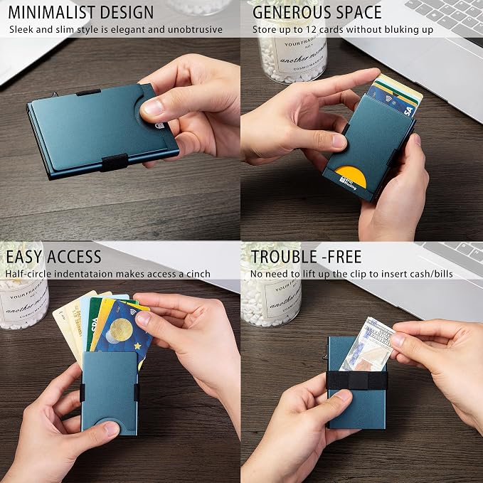 Slim Card Holder Wallet for Men, Minimalist RFID Blocking Pop Up Wallet, Smart Metal Business Card Case Holds 12 Cards, Money Clip, Front Pocket Wallet, Gifts for Men - Image 4
