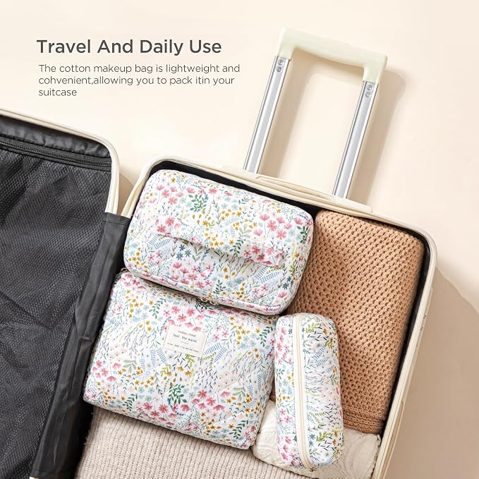 HBselect Quilted Makeup Bag, 3Pcs Cotton Large Travel Makeup Bags Organizer | Cute Floral Make up Bag Cosmetic Bag Toiletry Bag for Women Girls, Makeup Pouch for Skincare, Brushes & Travel Essentials - Image 4