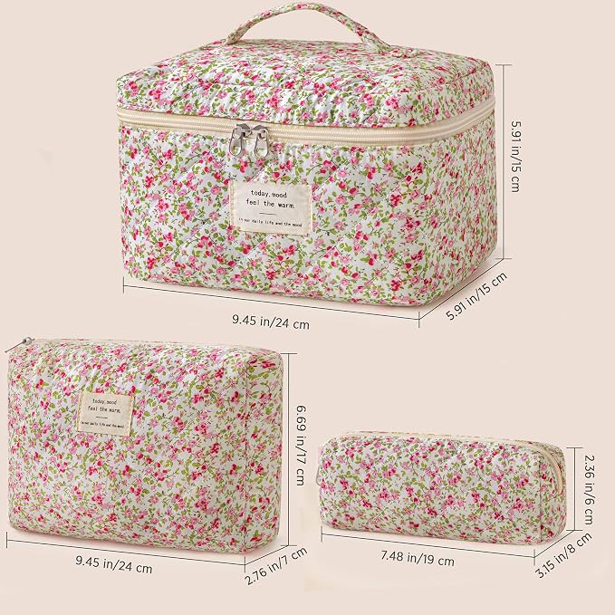 HBselect Quilted Makeup Bag, 3Pcs Cotton Large Travel Makeup Bags Organizer | Cute Floral Make up Bag Cosmetic Bag Toiletry Bag for Women Girls, Makeup Pouch for Skincare, Brushes & Travel Essentials - Image 6