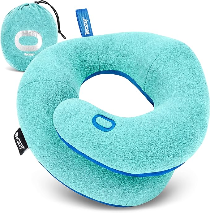 BCOZZY Kids Chin Supporting Travel Pillow for Ages 8–12- Patented Soft Neck Pillow for Head and Chin Support in Car Seat and Airplane. Comfortable Travel Essential. Medium Size, Bag, Light Blue by BCOZZY