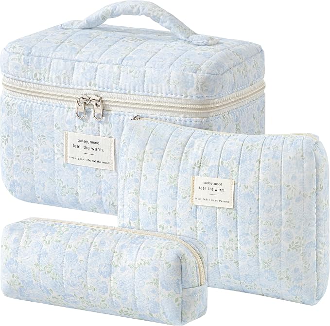 HBselect Quilted Makeup Bag, 3Pcs Cotton Large Travel Makeup Bags Organizer | Cute Floral Make up Bag Cosmetic Bag Toiletry Bag for Women Girls, Makeup Pouch for Skincare, Brushes & Travel Essentials by HBselect