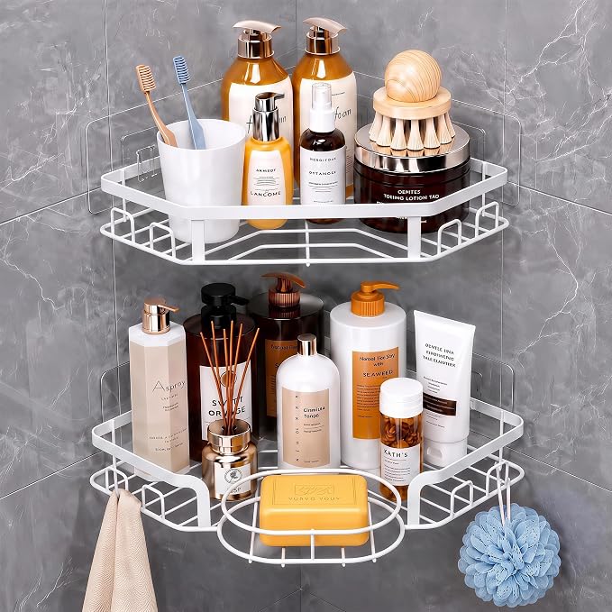 Corner Shower Caddy, Rustproof Shower Organizer with Soap Holder and 8 Hooks, No Drilling Adhesive Shower Shelves for Inside Shower, Large Capacity Shower Rack for Bathroom Shower Storage, White by MAXIFFE