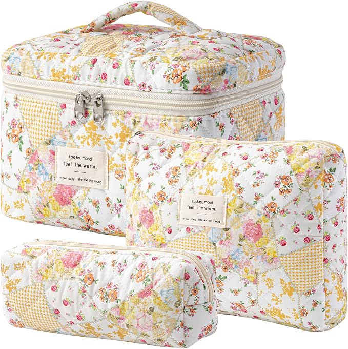 HBselect Quilted Makeup Bag, 3Pcs Cotton Large Travel Makeup Bags Organizer | Cute Floral Make up Bag Cosmetic Bag Toiletry Bag for Women Girls, Makeup Pouch for Skincare, Brushes & Travel Essentials by HBselect