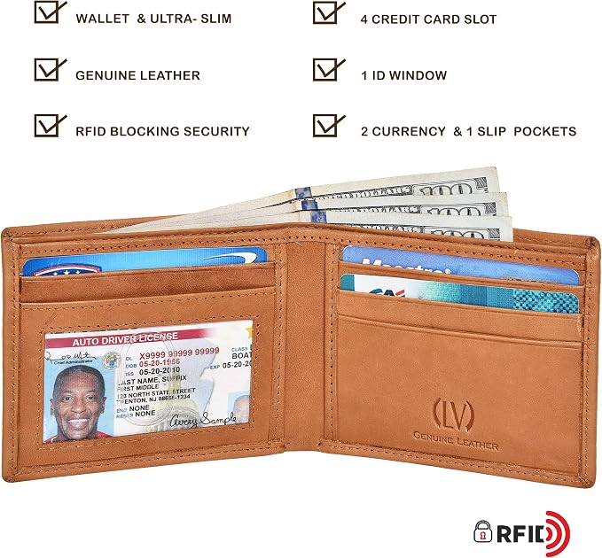 VALENCHI Genuine/Real Leather Bifold Wallet For Men - RFID Blocking/Protected Men's Slim Wallet - Christmas Gifts For Men (Tan Wash BF01) - Image 7