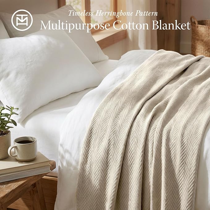 Threadmill Luxury Cotton Blankets for Queen Size Bed | All-Season 100% Cotton Queen Size Blanket | Herringbone Cozy, Soft Breathable Fall Thermal Blanket fits Full Size Bed | Sand - Image 2