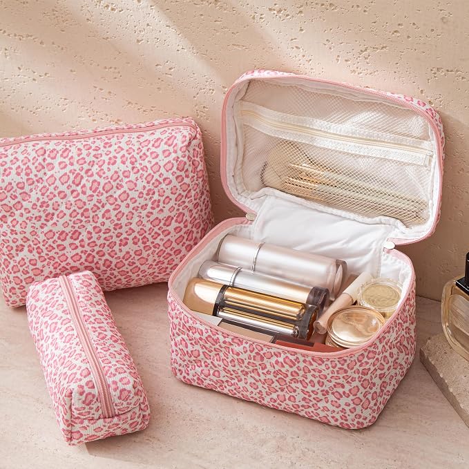 HBselect Quilted Makeup Bag, 3Pcs Cotton Large Travel Makeup Bags Organizer | Cute Floral Make up Bag Cosmetic Bag Toiletry Bag for Women Girls, Makeup Pouch for Skincare, Brushes & Travel Essentials - Image 3