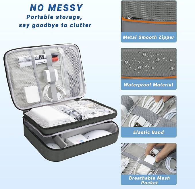 Electronics Organizer,Travel Cord Organizer Pouch,Cable Organizer Bags | Waterproof Electronic Accessories Storage Case for Cables, Cords, Charger, Phone (Three Layer-Gray) - Image 2