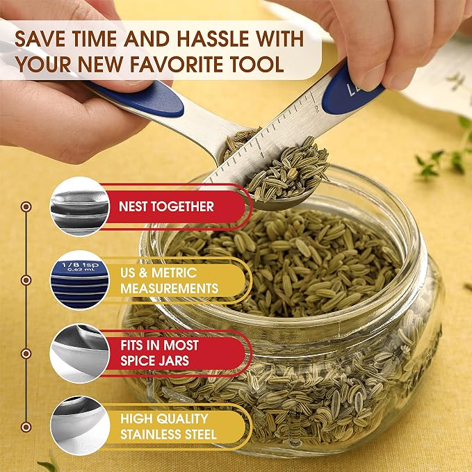 Spring Chef 8 Magnetic Measuring Spoons Set for Baking & Cooking, Sapphire | Stainless Steel Teaspoon & Tablespoon Measuring Spoons with Leveler for Dry & Liquid Ingredients, Dual Sided, Dishwasher Safe - Image 5