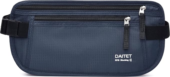 RFID Blocking Money Belt for Men Women, Slim Fanny Pack For Travel，Running,Conceal Waist Wallet For Passport Holder,Phone,Cash(Dark Blue) by DAITET