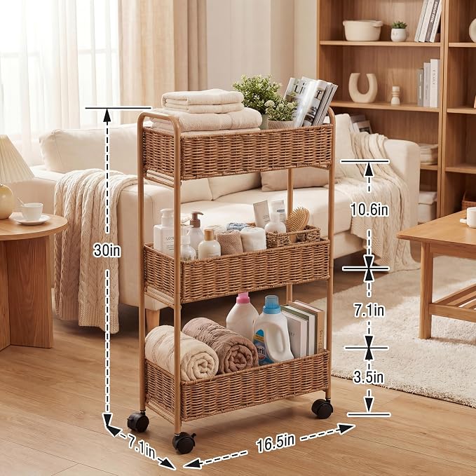 Utility Slim Storage Cart,3-Tier Rolling Kitchen Office Laundry Room Cart,Mobile Shelving Unit Organizer for Living Room Bathroom Baby Diaper Narrow Places (Natural, 3 Tiers-7.1 inch (W)) - Image 4
