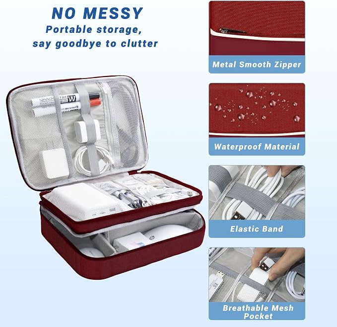 Electronics Organizer,Travel Cord Organizer Pouch,Cable Organizer Bags | Waterproof Electronic Accessories Storage Case for Cables, Cords, Charger, Phone (Three Layer-Winered) - Image 2
