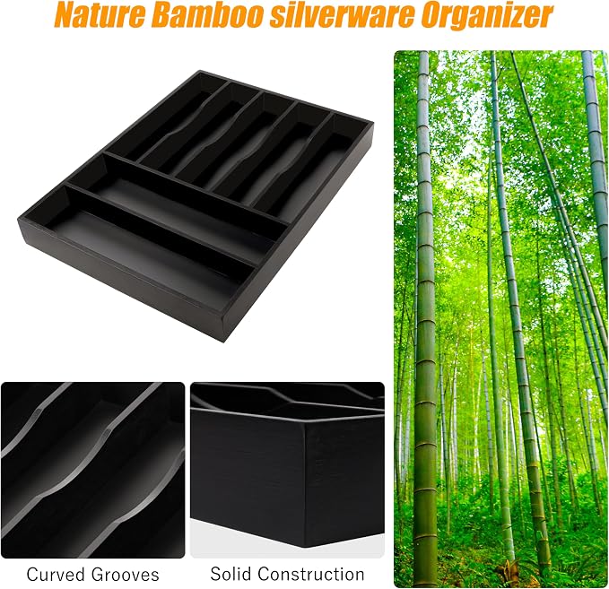 Bellsal Bamboo Silverware Drawer Organizer, Utensil Kitchen Drawer Organizer, Utensil Holder Cutlery Tray with Grooved Drawer Dividers for Kitchen Utensils and Flatware Bedroom Office (7 Slot, Black) - Image 5
