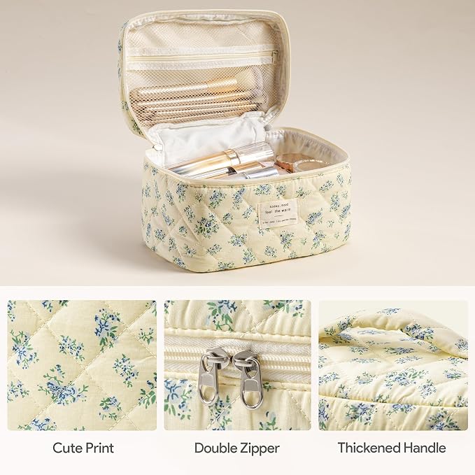 HBselect Quilted Makeup Bag, 3Pcs Cotton Large Travel Makeup Bags Organizer | Cute Floral Make up Bag Cosmetic Bag Toiletry Bag for Women Girls, Makeup Pouch for Skincare, Brushes & Travel Essentials - Image 2